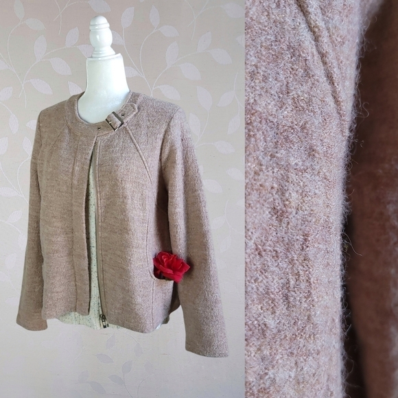 For Cynthia Cozy Wool Moto Buckle Zip Front Jacket Marled Beige Tan Petite Large - Picture 1 of 16